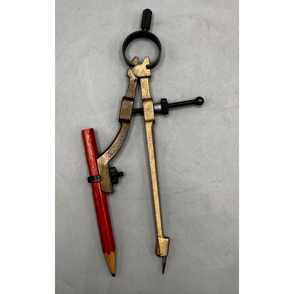 Vintage Brass Bow Spring Drafting Compass w/ Pencil Holder Industrial Tool 5.5"